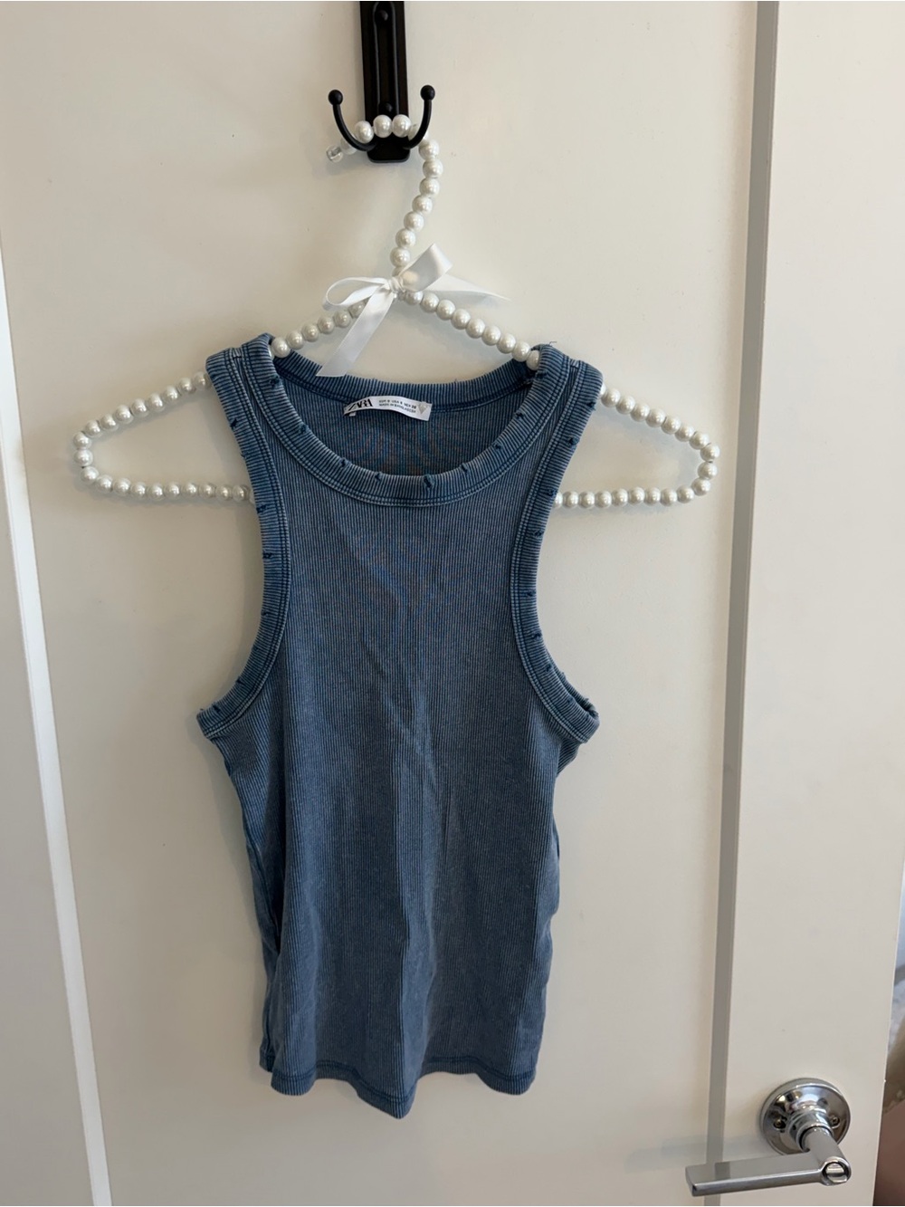 Zara Denim-Blue Ribbed Tank Top - Sleeveless Crew